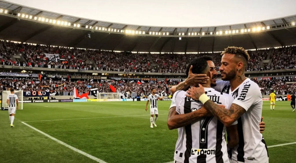 A dramatic soccer match summary scene capturing the emotional farewell of Neymar and the historic debut of Gabigol at Santos. In the foreground, players in Santos kits are celebrating a goal, their expressions a mix of joy and nostalgia. The middle ground features a vibrant stadium packed with passionate fans, holding banners and flags, creating a colorful mosaic of team spirit. In the background, the iconic Santos stadium structure is illuminated by soft floodlights, enhancing the evening atmosphere. The mood is electric, filled with intensity and emotion. The composition is shot from a slightly elevated angle, allowing a view of the field and the crowd, with warm golden hour lighting casting a nostalgic glow over the scene, emphasizing the significance of the moment.