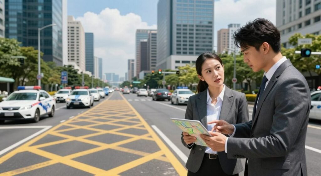A dynamic and detailed cityscape featuring vibrant street scenes depicting traffic routes, with a focus on vivid yellow and white road markings flowing through the urban environment. In the foreground, a well-dressed businesswoman and businessman discuss strategy while looking at a digital map on a tablet, symbolizing the implications of new traffic regulations. The middle ground showcases busy roads with various vehicles, including police cars, signaling an alertness to issues concerning drug trafficking. In the background, tall city skyscrapers rise under a bright blue sky with soft, fluffy clouds, evoking a sense of urgency and strategic planning. The scene is bathed in natural sunlight, enhancing the realistic atmosphere and the professionalism of the subjects. The mood conveys a serious yet hopeful vibe, reflecting potential changes and consequences.