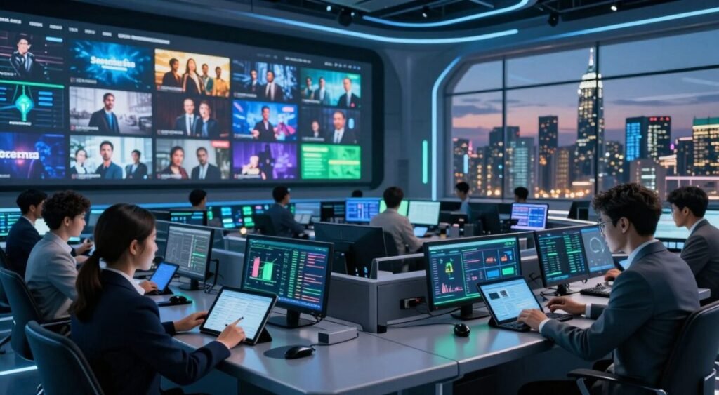 A dynamic and modern digital streaming platform scene, featuring a sleek, futuristic control room filled with high-tech equipment and large screens displaying various streaming content. In the foreground, a diverse group of professionals in smart business attire collaborate, analyzing data and trends on digital tablets. The middle ground showcases an array of interactive screens, showcasing different genres of entertainment, while the background features a city skyline illuminated at dusk, symbolizing connectivity and infrastructure. Soft blue and green lighting create a tech-savvy atmosphere, with reflections on glass surfaces adding depth. The scene captures a sense of innovation and competition in the streaming industry, evoking a vibrant and forward-thinking mood.