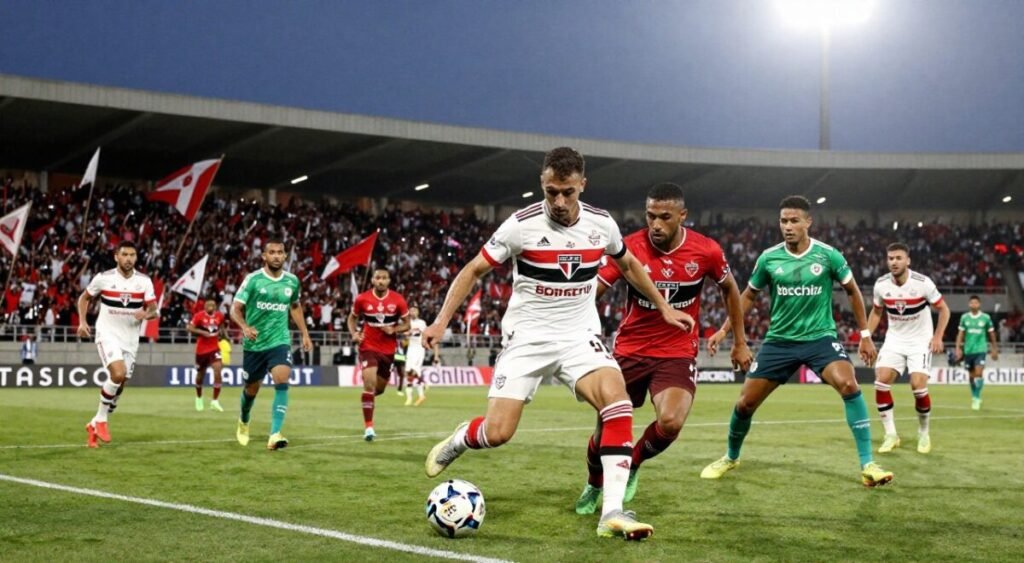 A dynamic football scene capturing the critical phases of a match, featuring two teams in action: the São Paulo team in their iconic red and white jerseys, and the Ibrachina team in contrasting colors. In the foreground, highlight an intense moment with players showcasing skillful tackles, dribbling, and strategic formations, emphasizing determination on their faces. The middle ground should depict a vibrant stadium filled with enthusiastic fans, waving flags and celebrating, contributing to a lively atmosphere. In the background, the field is illuminated by bright stadium lights, creating a dramatic contrast against the twilight sky. Capture the essence of excitement, tension, and teamwork, using a slightly low-angle perspective to magnify the action, while ensuring the entire scene conveys a sense of intensity and passion for the sport.