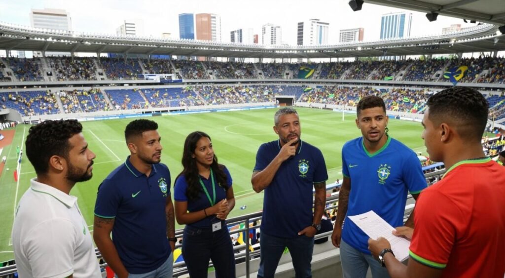 A dynamic football scene featuring Brazilian players in professional attire discussing contract renewals. In the foreground, a diverse group of soccer players animatedly negotiating, with various expressions of excitement and contemplation. The middle layer includes a classic football stadium filled with fans, all wearing vibrant colors representing their clubs. The background showcases a skyline of a Brazilian city, hinting at the cultural context of football in Brazil. The lighting is bright and lively, capturing a daytime atmosphere that reflects the energy of football negotiations. The angle is slightly elevated, giving a comprehensive view of the players and the stadium ambiance, creating a sense of urgency and anticipation in the air. A dynamic football scene featuring Brazilian players in professional attire discussing contract renewals. In the foreground, a diverse group of soccer players animatedly negotiating, with various expressions of excitement and contemplation. The middle layer includes a classic football stadium filled with fans, all wearing vibrant colors representing their clubs. The background showcases a skyline of a Brazilian city, hinting at the cultural context of football in Brazil. The lighting is bright and lively, capturing a daytime atmosphere that reflects the energy of football negotiations. The angle is slightly elevated, giving a comprehensive view of the players and the stadium ambiance, creating a sense of urgency and anticipation in the air.