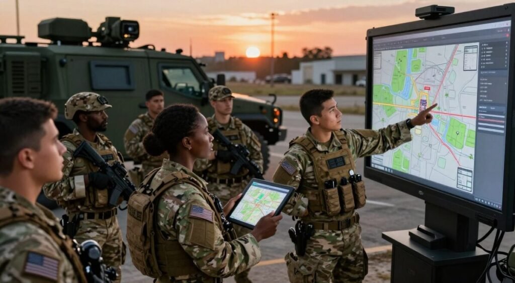 A dynamic military scene depicting U.S. armed forces strategizing against drug cartels. In the foreground, a diverse group of military personnel in professional tactical attire, including a Black female officer using a digital map on a tablet, and a Hispanic male soldier pointing towards a large screen displaying tactical diagrams. The middle ground features military vehicles like armored trucks, with soldiers preparing their equipment. In the background, a blurred urban landscape representing a conflict zone, with a dramatic sunset casting an orange glow, highlighting the seriousness and urgency of military logistics. The atmosphere is tense yet focused, emphasizing the strategic planning involved in this new mission. The image captures a moment of collaboration and determination, with an emphasis on teamwork and professionalism.