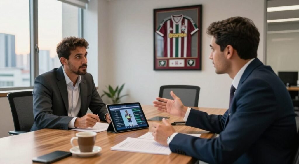 A dynamic negotiation scene set in a modern office, showcasing two professional individuals engaged in discussion about the transfer of a soccer player, Savarino. In the foreground, a well-dressed man with a confident demeanor gestures towards a digital tablet displaying player stats. The middle ground features a large wooden table with documents and coffee cups, while a window reveals a cityscape bathed in soft afternoon light. The background includes a framed jersey hanging on the wall, representing the teams involved, Fluminense and Botafogo. The mood is focused and tense, captured from a slightly elevated angle, highlighting the importance of the conversation. A dynamic negotiation scene set in a modern office, showcasing two professional individuals engaged in discussion about the transfer of a soccer player, Savarino. In the foreground, a well-dressed man with a confident demeanor gestures towards a digital tablet displaying player stats. The middle ground features a large wooden table with documents and coffee cups, while a window reveals a cityscape bathed in soft afternoon light. The background includes a framed jersey hanging on the wall, representing the teams involved, Fluminense and Botafogo. The mood is focused and tense, captured from a slightly elevated angle, highlighting the importance of the conversation.