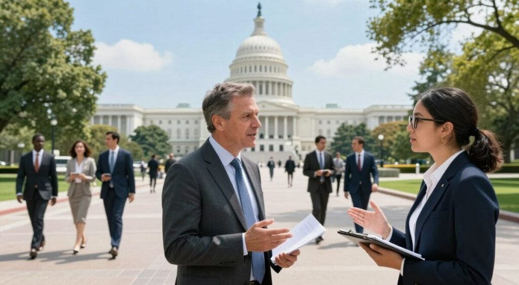 A dynamic political scene set in 2025, showcasing a bustling modern governmental building surrounded by trees and a clear blue sky. In the foreground, two professional figures in business attire engage in a thoughtful discussion, gesturing as if debating. One is a middle-aged man with short hair holding a document, while the other is a young woman with glasses, taking notes on a tablet. The middle layer features a diverse group of professionals walking, representing Congress in a collaborative environment. The background captures a stylized cityscape with contemporary architecture, symbolizing progress and governance. Soft, natural lighting illuminates the scene, creating a hopeful and dynamic atmosphere, shot from a slightly elevated angle to provide depth and context. A dynamic political scene set in 2025, showcasing a bustling modern governmental building surrounded by trees and a clear blue sky. In the foreground, two professional figures in business attire engage in a thoughtful discussion, gesturing as if debating. One is a middle-aged man with short hair holding a document, while the other is a young woman with glasses, taking notes on a tablet. The middle layer features a diverse group of professionals walking, representing Congress in a collaborative environment. The background captures a stylized cityscape with contemporary architecture, symbolizing progress and governance. Soft, natural lighting illuminates the scene, creating a hopeful and dynamic atmosphere, shot from a slightly elevated angle to provide depth and context.
