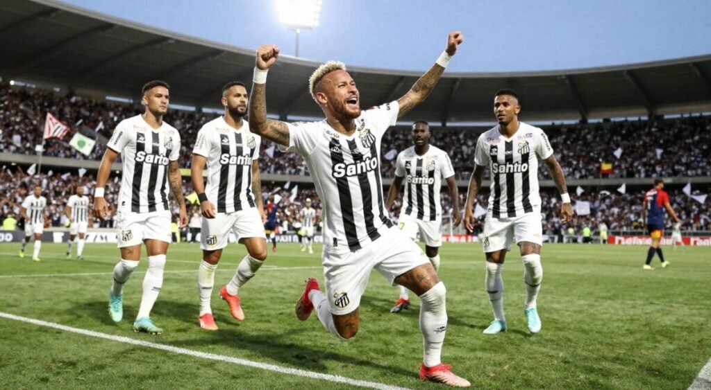 A dynamic scene capturing Neymar in a Santos FC jersey, celebrating a triumphant moment on the football field. The foreground shows Neymar, mid-celebration, his expression one of joy and determination, slightly crouched with arms raised in excitement. In the middle ground, teammates surround him, displaying camaraderie and support, all wearing iconic Santos jerseys. The background features the vibrant stadium filled with cheering fans, flags waving, and a clear blue sky overhead. The lighting is bright and vivid, casting dynamic shadows, emphasizing the energy of the scene. The atmosphere is electric, reflecting hope and enthusiasm for the future of the Santos team. The shot is taken with a wide-angle lens, giving a sense of depth and excitement to the football match. A dynamic scene capturing Neymar in a Santos FC jersey, celebrating a triumphant moment on the football field. The foreground shows Neymar, mid-celebration, his expression one of joy and determination, slightly crouched with arms raised in excitement. In the middle ground, teammates surround him, displaying camaraderie and support, all wearing iconic Santos jerseys. The background features the vibrant stadium filled with cheering fans, flags waving, and a clear blue sky overhead. The lighting is bright and vivid, casting dynamic shadows, emphasizing the energy of the scene. The atmosphere is electric, reflecting hope and enthusiasm for the future of the Santos team. The shot is taken with a wide-angle lens, giving a sense of depth and excitement to the football match.