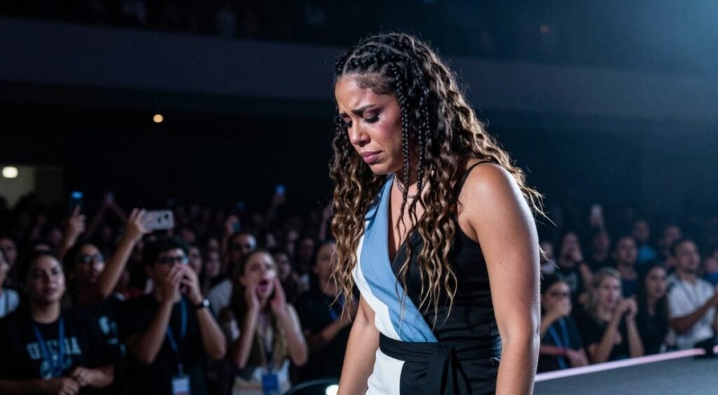 A dynamic scene capturing the essence of Pocah, a Brazilian singer, on stage, visibly distressed following a tumultuous incident. In the foreground, Pocah, wearing a stylish yet modest stage outfit, stands with her head down, embodying a mix of vulnerability and resilience. Her makeup is subtly smudged, hinting at the emotional turmoil she is experiencing. The middle ground features a dimly lit stage with scattered lights, creating a dramatic atmosphere, while the background showcases silhouettes of an engaged audience, some in shock and others in support. Soft, cool lighting emphasizes the tension of the moment, while a low-angle perspective accentuates Pocah's presence on the stage. The overall mood is one of contemplation and conflict, reflecting the impact of her recent actions on her career and public image. A dynamic scene capturing the essence of Pocah, a Brazilian singer, on stage, visibly distressed following a tumultuous incident. In the foreground, Pocah, wearing a stylish yet modest stage outfit, stands with her head down, embodying a mix of vulnerability and resilience. Her makeup is subtly smudged, hinting at the emotional turmoil she is experiencing. The middle ground features a dimly lit stage with scattered lights, creating a dramatic atmosphere, while the background showcases silhouettes of an engaged audience, some in shock and others in support. Soft, cool lighting emphasizes the tension of the moment, while a low-angle perspective accentuates Pocah's presence on the stage. The overall mood is one of contemplation and conflict, reflecting the impact of her recent actions on her career and public image.