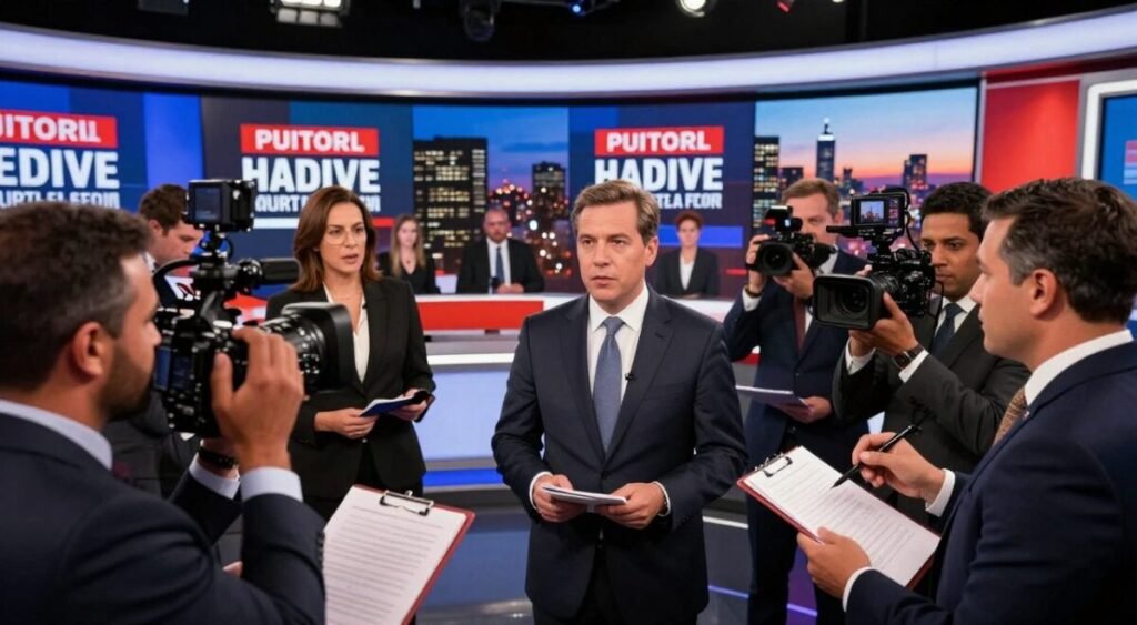 A dynamic scene capturing the media frenzy surrounding a political controversy. In the foreground, close-up shots of diverse journalists with professional attire, intensely reporting with cameras and notepads. The middle ground features a vibrant news studio with multiple screens displaying bold headlines about the incident. In the background, a bustling cityscape at dusk, with lights illuminating the skyline, suggesting a sense of urgency and tension. The lighting is dramatic, with spotlights on the reporters, casting shadows that enhance the mood of controversy and discussion. The atmosphere is charged, reflecting the public's engagement and reaction on social media.