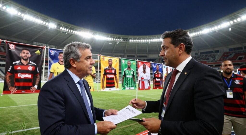 A dynamic scene depicting a bustling transfer market atmosphere for Flamengo's 2026 debut in the Campeonato Carioca. In the foreground, a soccer agent in professional attire is discussing player contracts with a Flamengo representative, both focused and engaged. In the middle ground, transfer banners and player photos hang on a makeshift wall, highlighting recent player signings in vibrant colors. The background features a large stadium under dramatic, moody lighting with a clear nighttime sky. Subtle lens flare adds excitement, capturing the anticipation of the upcoming season. The overall mood is electric and professional, reflecting the fervor of football negotiations.