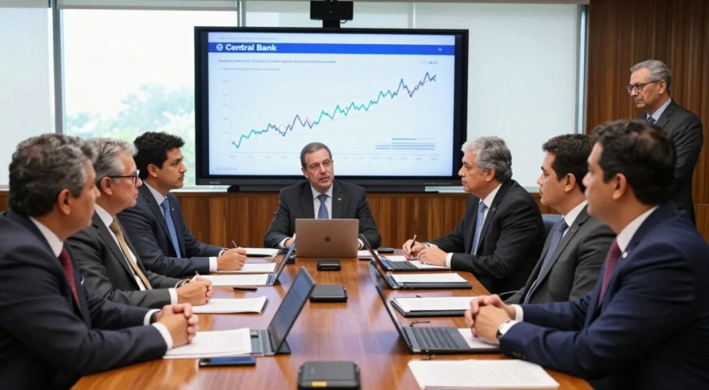 A dynamic scene depicting a parliamentary meeting focused on Brazil's economic competitiveness. In the foreground, several diverse politicians in professional business attire are engaged in a serious discussion around a polished wooden table, with paperwork and digital devices scattered about. In the middle ground, a large screen displays graphs and diagrams related to economic policy, emphasizing the theme of autonomy and competence of the Central Bank. The background features grand windows letting in soft, natural light that casts an illuminating effect over the room, enhancing the atmosphere of collaboration and urgency. The overall mood is intense yet hopeful, reflecting the serious implications of economic discussions in a modern parliamentary setting, with an emphasis on professionalism and determination. A dynamic scene depicting a parliamentary meeting focused on Brazil's economic competitiveness. In the foreground, several diverse politicians in professional business attire are engaged in a serious discussion around a polished wooden table, with paperwork and digital devices scattered about. In the middle ground, a large screen displays graphs and diagrams related to economic policy, emphasizing the theme of autonomy and competence of the Central Bank. The background features grand windows letting in soft, natural light that casts an illuminating effect over the room, enhancing the atmosphere of collaboration and urgency. The overall mood is intense yet hopeful, reflecting the serious implications of economic discussions in a modern parliamentary setting, with an emphasis on professionalism and determination.