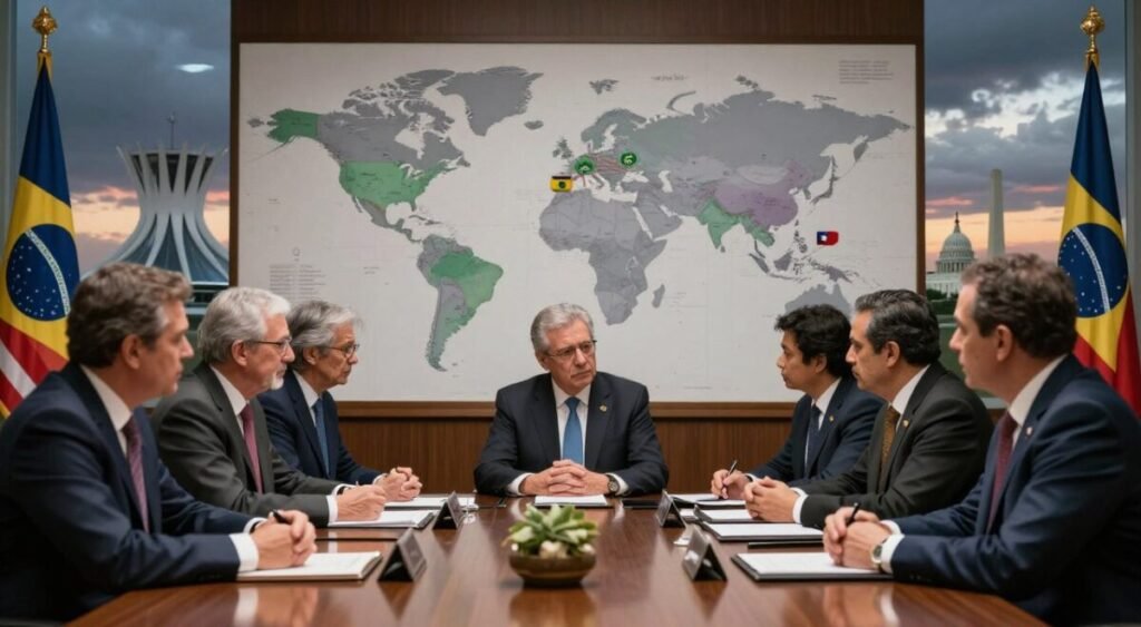 A dynamic scene depicting the diplomatic relationship between Brazil and the USA. In the foreground, a roundtable discussion featuring officials in professional business attire from both countries, engaged in a serious conversation. Their expressions reflect a mix of concern and determination. The middle ground showcases a large world map highlighting Brazil and the USA, with subtle visual indicators of economic and military ties, such as flags and symbols of diplomacy. The background portrays the iconic skyline of Brasília on one side and Washington D.C. on the other, under a moody twilight sky, casting a sense of urgency. Soft, dramatic lighting highlights the officials, emphasizing the gravity of their discussion. Overall, the atmosphere conveys a blend of risk and pragmatic diplomacy, focusing on the implications of international relations. A dynamic scene depicting the diplomatic relationship between Brazil and the USA. In the foreground, a roundtable discussion featuring officials in professional business attire from both countries, engaged in a serious conversation. Their expressions reflect a mix of concern and determination. The middle ground showcases a large world map highlighting Brazil and the USA, with subtle visual indicators of economic and military ties, such as flags and symbols of diplomacy. The background portrays the iconic skyline of Brasília on one side and Washington D.C. on the other, under a moody twilight sky, casting a sense of urgency. Soft, dramatic lighting highlights the officials, emphasizing the gravity of their discussion. Overall, the atmosphere conveys a blend of risk and pragmatic diplomacy, focusing on the implications of international relations.