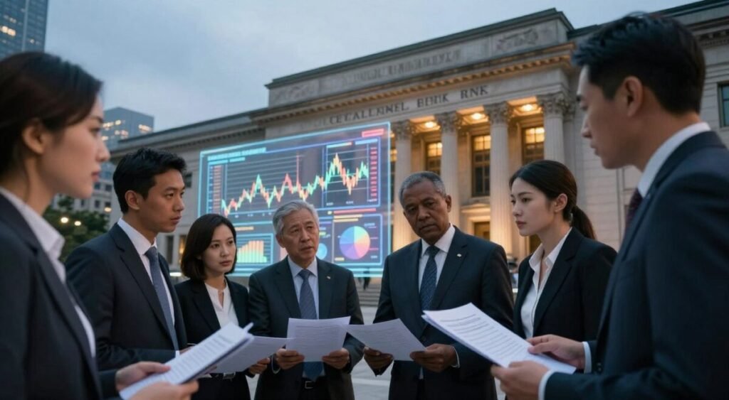 A dynamic scene depicting the political and economic aspects of a financial investigation, focusing on a government building symbolizing the Central Bank. In the foreground, a group of diverse professionals in business attire discuss policy documents, sharing insights. The middle ground features a large, transparent screen displaying economic graphs and charts, illustrating the impact of government decisions. In the background, a city skyline under a dusky sky casts a thoughtful atmosphere, with warm lighting highlighting the building's facade. The composition emphasizes tension and urgency, suggesting a pivotal moment in economic governance, captured with a slightly angled lens to create depth. The overall mood should be serious and contemplative, reflecting the weight of financial accountability.