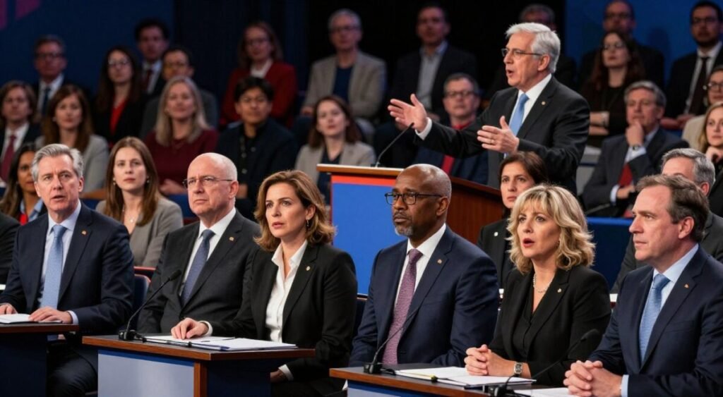 A dynamic scene showcasing a public debate, divided into two distinct groups representing allies and adversaries. In the foreground, a diverse group of well-dressed individuals, including both men and women in business attire, passionately expressing their opinions. Their facial expressions range from supportive to critical, highlighting the contrast in their views. In the middle ground, a podium with a confident speaker gesturing towards the crowd, symbolizing a moment of expression and debate. The background features an audience with varied reactions, creating an engaging atmosphere. Soft, dramatic lighting enhances the emotions, while a slight tilt shift effect draws focus on the speaker. The overall mood is intense and charged, reflecting the heated nature of political discourse. A dynamic scene showcasing a public debate, divided into two distinct groups representing allies and adversaries. In the foreground, a diverse group of well-dressed individuals, including both men and women in business attire, passionately expressing their opinions. Their facial expressions range from supportive to critical, highlighting the contrast in their views. In the middle ground, a podium with a confident speaker gesturing towards the crowd, symbolizing a moment of expression and debate. The background features an audience with varied reactions, creating an engaging atmosphere. Soft, dramatic lighting enhances the emotions, while a slight tilt shift effect draws focus on the speaker. The overall mood is intense and charged, reflecting the heated nature of political discourse.