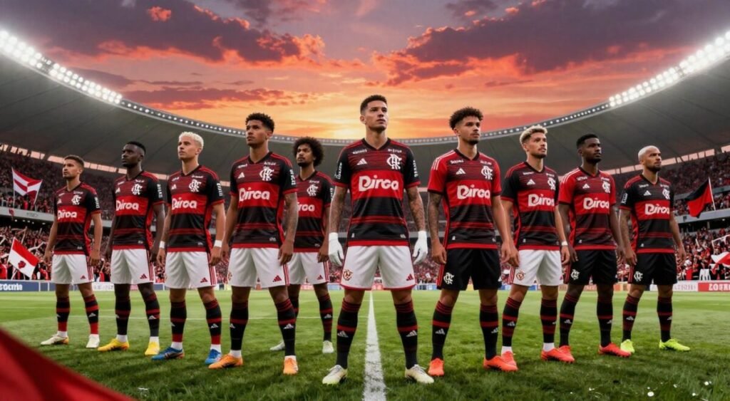 A dynamic soccer scene showcasing the probable lineup of Flamengo for their 2026 debut in the Campeonato Carioca. In the foreground, illustrate a diverse group of players in vibrant red and black uniforms, standing confidently in a stadium setting. Each player should display distinct features and hairstyles, exuding team spirit and camaraderie. In the middle ground, capture fans waving flags and cheering, filling the stands with energy. The background should feature a vivid sunset sky illuminating the stadium, with subtle lighting creating a dramatic atmosphere. Use a wide-angle perspective to emphasize the excitement and anticipation of the match, with a focus on the players and their potential to captivate the audience.