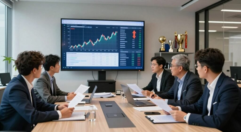 A financial analysis scene in a modern soccer club office. In the foreground, a focused group of diverse financial analysts in professional attire, reviewing documents and discussing data on high-priced player contracts. In the middle, a large digital screen displays financial charts and graphs, illustrating the impact of expensive signings on the club’s finances, with visual cues like upward and downward arrows. In the background, a sleek office environment with trophies and team memorabilia, enhancing the ambiance of a successful sports organization. Soft, natural lighting illuminates the room, creating a professional and serious atmosphere, while a wide-angle perspective captures the collaborative spirit of financial strategy in the sports world.