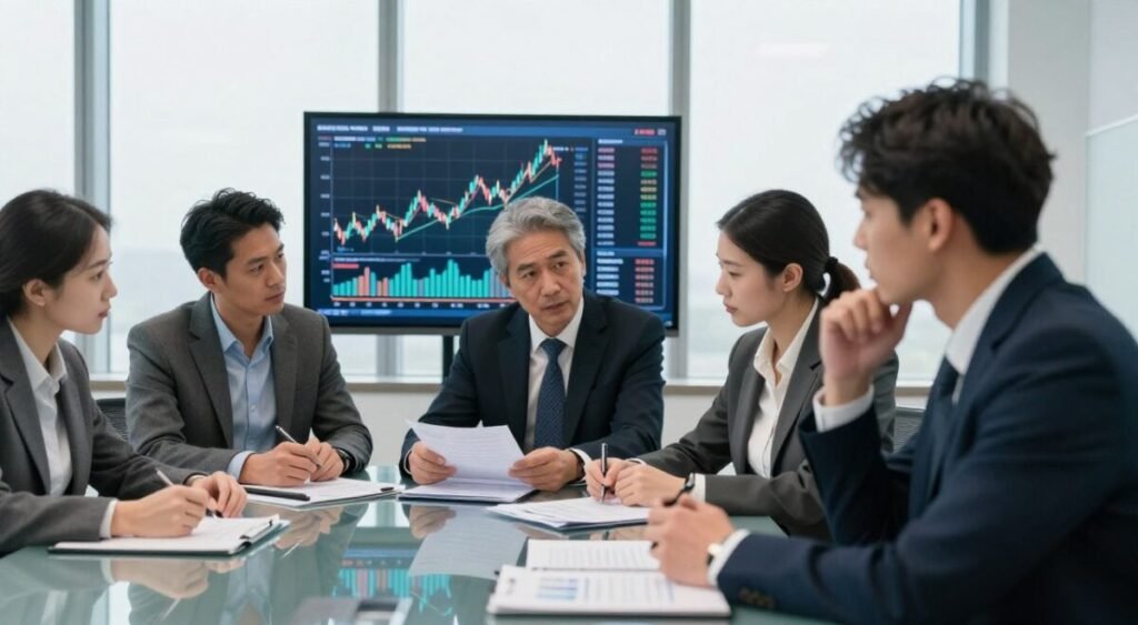 A focused group of professional financial analysts and economists engaged in a dynamic discussion in a modern conference room. The foreground features three experts in tailored business attire analyzing reports and data on a sleek glass table, with expressions of concentration and contemplation. The middle layer shows a large screen displaying financial graphs and charts, indicating rising trends and pressures. The background is filled with floor-to-ceiling windows allowing natural light to illuminate the space, enhancing the serious yet collaborative atmosphere. The image should convey a mood of analytical rigor and urgency, with soft lighting that highlights the professionals' thoughtful expressions, shot from a slightly elevated angle to capture both participants and visuals effectively.