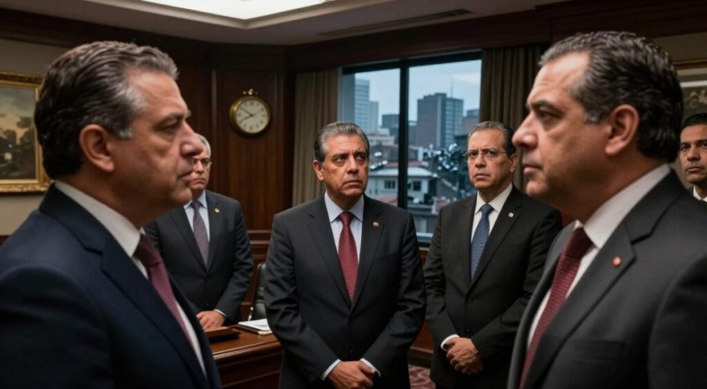 A group of Venezuelan Supreme Court ministers gathered in a dimly lit, elegant office, showcasing a sense of urgency and tension. They are dressed in formal business attire, displaying a mix of concern and determination. The foreground features two ministers deep in whispered conversation, their expressions serious and intense, while the middle layer shows a third minister pacing, glancing anxiously at a clock. In the background, large windows reveal silhouettes of an uneasy cityscape, hinting at the chaos outside. The atmosphere is thick with suspense, illuminated by soft overhead lighting casting shadows that accentuate the gravity of the situation. The angle captures a close-up view, emphasizing the ministers' body language and expressions, evoking a feeling of impending crisis.
