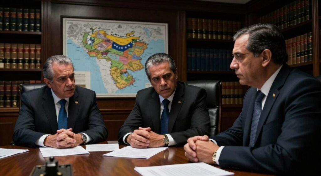 A group of Venezuelan Supreme Court ministers in a tense, dimly lit room, portraying a sense of urgency and secrecy. The foreground features three middle-aged male and female judges dressed in formal business attire, with expressions of concern and determination as they gather around a large wooden table scattered with documents. In the middle ground, there's a large map of Venezuela displayed on the wall, hinting at their strategic discussions. The background reveals dark leather bookshelves filled with law books, casting deep shadows. The lighting is dramatic, with focused beams illuminating the ministers' faces, creating a somber and intense atmosphere, suggesting high-stakes decisions are about to unfold. The camera angle is slightly tilted, enhancing the sense of unease and urgency in the scene.