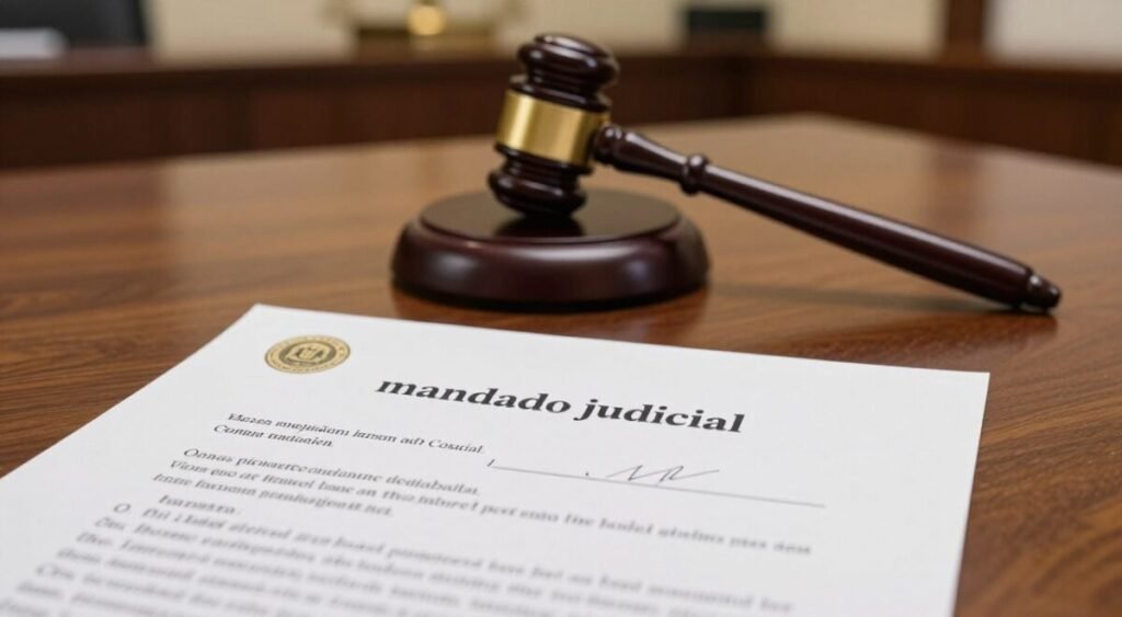 A judicial document titled "mandado judicial" prominently displayed in the foreground, featuring a formal layout with official seals and signatures, symbolizing legal authority. In the middle ground, a gavel resting on a polished wooden desk, representing the court's power, with subtle reflections of light across its surface. The background features a blurred courtroom setting, soft shadows, and warm lighting to create a solemn yet impactful atmosphere. The camera angle is slightly above eye level, capturing both the document and the gavel in a dynamic composition. The overall mood is serious and contemplative, reflecting the weight of legal proceedings and decisions.