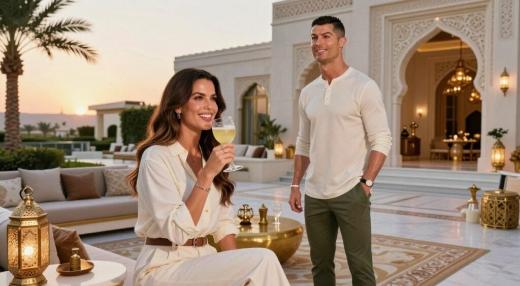 A luxurious lifestyle scene featuring Georgina Rodriguez and Cristiano Ronaldo in a modern Arabian setting. In the foreground, Georgina is dressed in elegant, modest casual clothing, showcasing a radiant smile while sipping a drink. Cristiano stands nearby in a smart, casual outfit, exuding confidence, with a backdrop that highlights opulent elements like intricate architecture and palm trees. In the middle ground, a beautifully designed outdoor space with plush seating, golden accents, and decorative lanterns sets the atmosphere of wealth and comfort. The background includes a glimpse of a lavish villa with stunning sunset lighting, casting a warm glow that enhances the richness of the scene. The overall mood is sophisticated and inviting, reflecting their extravagant daily life in Arabia.