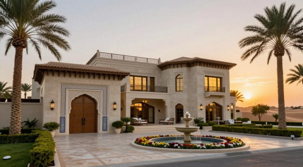 A luxurious mansion in a serene Arabian landscape, surrounded by palm trees and well-manicured gardens. The foreground features a grand entrance with elegant double doors, intricate tile work, and a fountain lined with flowers. In the middle ground, the mansion boasts spacious balconies with ornate railings, large windows reflecting the golden sunlight, and tasteful outdoor seating areas. The background displays a stunning sunset, casting warm hues across the sky, with hints of distant sand dunes. The scene is captured in soft, natural light, using a low-angle perspective to emphasize the grandeur of the architecture. The atmosphere is tranquil and opulent, inviting viewers to imagine the lavish lifestyle within.