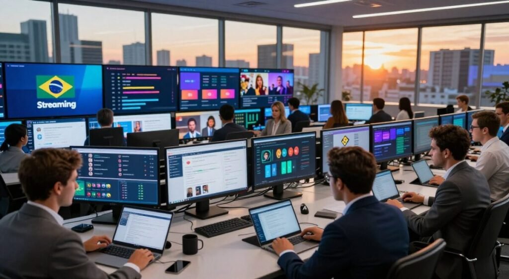 A modern media control room filled with screens displaying various streaming platforms, including a highlighted image of a new logo symbolizing the Brazilian government’s entry into the streaming industry. In the foreground, a diverse group of professionals in business attire eagerly analyze data on tablets and laptops, showcasing intense discussion and engagement. The middle ground features rows of glowing screens, creating a vibrant and bustling atmosphere, with charts and social media feeds displaying public opinion and media reactions. In the background, large windows reveal an urban skyline at sunset, casting warm golden light that reflects the atmosphere of competition and excitement. The overall mood is one of dynamic energy and anticipation, capturing the essence of media influence and public interest in streaming services.