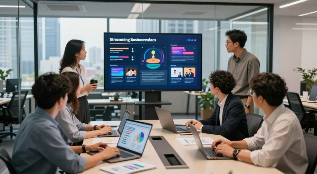 A modern office environment showcasing a brainstorming session about streaming business models. In the foreground, a diverse group of professionals in smart casual attire are gathered around a sleek conference table, reviewing charts and digital devices. In the middle ground, a large smart screen displays vibrant infographics illustrating various streaming business strategies, including subscription models and ad-supported content. The background features a glass wall with a city skyline view, emphasizing a sense of innovation and competition. Soft, natural lighting filters in from the windows, creating a warm, collaborative atmosphere. The camera angle is slightly elevated to capture the dynamic interaction and focus on the collaborative spirit of the team.