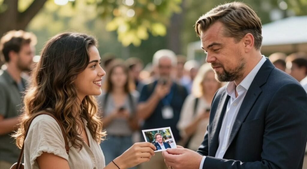A nostalgic moment captured in a warmly lit outdoor setting, depicting a young woman, Jéssica Costa, dressed in a modest casual outfit, eagerly approaching a well-known figure, Leonardo, who is wearing a professional outfit, with an approachable expression. In the foreground, an outstretched hand holds a glossy photo for autographs, signifying connection and anticipation. The middle of the image features soft-focus greenery, suggesting a serene atmosphere, with gentle sunlight filtering through leaves, creating a soft bokeh effect. The background shows a blurred crowd, adding context but not detracting from the central moment. The mood is heartfelt and intimate, highlighting the significance of this simple request as a symbol of an unrecognized bond. A nostalgic moment captured in a warmly lit outdoor setting, depicting a young woman, Jéssica Costa, dressed in a modest casual outfit, eagerly approaching a well-known figure, Leonardo, who is wearing a professional outfit, with an approachable expression. In the foreground, an outstretched hand holds a glossy photo for autographs, signifying connection and anticipation. The middle of the image features soft-focus greenery, suggesting a serene atmosphere, with gentle sunlight filtering through leaves, creating a soft bokeh effect. The background shows a blurred crowd, adding context but not detracting from the central moment. The mood is heartfelt and intimate, highlighting the significance of this simple request as a symbol of an unrecognized bond.