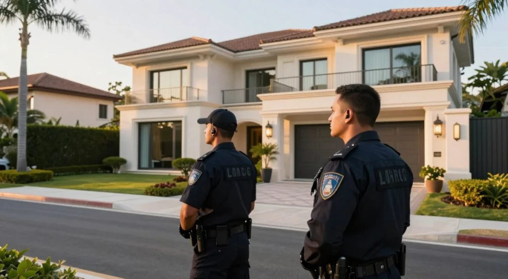 A private security detail stands vigilant outside a luxurious villa in a high-end neighborhood. In the foreground, two well-dressed security personnel, wearing professional attire with earpieces, scan the area attentively. In the middle ground, the opulent villa showcases modern architecture with large glass windows and lush landscaping, symbolizing wealth and privacy. The background features a high fence and tall palm trees, adding to the sense of exclusivity. The scene is illuminated by warm, golden sunlight during the golden hour, creating a calm yet secure atmosphere. The overall mood conveys a blend of luxury, safety, and serenity, highlighting the importance of protection for the family.