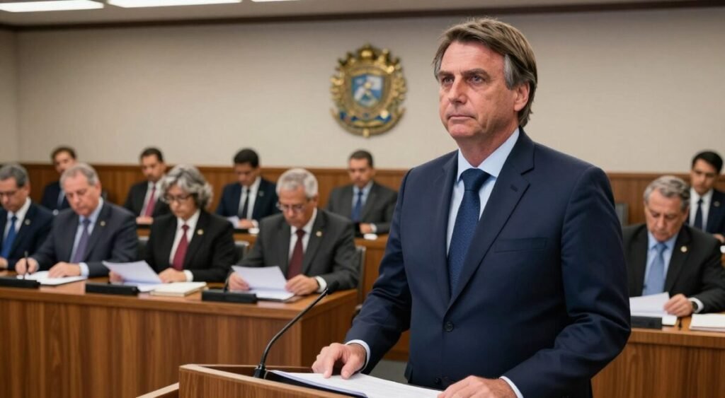 A professional and serious scene depicting a legislative environment. In the foreground, Flávio Bolsonaro is portrayed in a tailored navy suit, standing confidently at a podium, looking engaged and determined. In the middle ground, a detailed courtroom or hearing room is illustrated, filled with attentive officials and legislators in business attire, reviewing papers and documents. Fluent expressions of focus and diligence are visible on their faces. The background shows the emblem of the Tribunal de Contas da União prominently displayed on the wall, with soft, ambient lighting casting a warm glow throughout the room. The overall mood conveys seriousness and accountability, emphasizing the importance of public accountability in governance. The angle should be slightly elevated to capture both the speaker and the attentive audience.