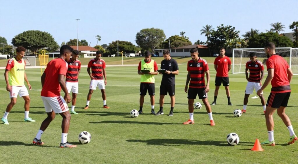 A professional football training session set in a scenic sports complex, capturing the Flamengo team in the midst of their intense pre-season preparations for 2026. In the foreground, show a diverse group of players in vibrant Flamengo jerseys, engaged in drills, showcasing teamwork and focus. The middle ground features a tactical coach reviewing strategies with a clipboard, while fitness trainers oversee the players' conditioning. The background reveals a well-maintained football field, bright green grass under a clear blue sky, and goal posts. Use natural, bright lighting to create an energetic atmosphere, capturing the anticipation of the upcoming season. The scene should feel dynamic and motivating, reflecting the team's dedication and spirit without any text or overlays.