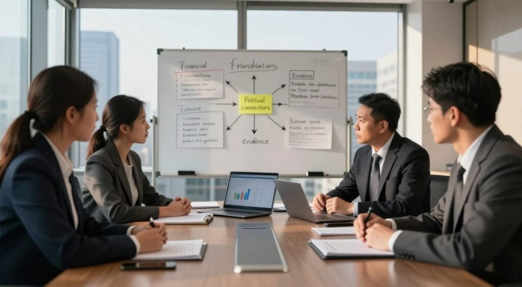A professional investigative meeting set in a sleek, modern office environment. In the foreground, a diverse group of four individuals, dressed in business attire, are engaged in a serious discussion around a large conference table covered with documents and a laptop displaying charts. In the middle, a whiteboard filled with organized notes and highlighted points related to investigations is visible, with arrows connecting various topics like "financial transactions," "political connections," and "evidence." In the background, large windows reveal a cityscape, bathed in warm afternoon light that casts soft shadows across the room. The mood is tense yet focused, emphasizing the gravity of the investigations being discussed.