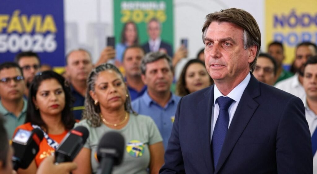 A professional political campaign scene featuring Flávio Bolsonaro, depicted as a serious and determined candidate. In the foreground, Flávio is wearing a well-fitted suit with a crisp shirt and a tie, confidently speaking to a small audience, projecting charisma and leadership. In the middle ground, a diverse group of people, including supporters and journalists, are attentively listening, capturing the tense atmosphere of an impending election. The background showcases a blurred outline of a crowded cityscape with campaign banners and posters depicting the electoral year 2026, hinting at the political dynamics. Soft lighting casts a warm glow, enhancing the urgency and seriousness of the moment, suggesting a pivotal turning point in Brazilian politics. The composition emphasizes professionalism and determination.