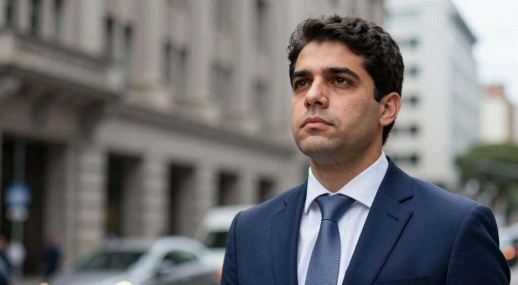 A professional portrait of Filipe Martins, depicted as a man in his early 30s, with short, dark hair and a serious expression. He is wearing a smart, tailored navy suit with a crisp white shirt and a subtle tie, conveying a sense of authority and professionalism. The foreground features Filipe against a blurred background of an urban setting, perhaps a government building or a bustling city street, symbolizing his political involvement. Soft, natural lighting highlights his face, casting gentle shadows for depth. The angle is slightly above eye level, giving a sense of upward perspective, while the atmosphere remains solemn, evoking contemplation and seriousness about recent events affecting him.