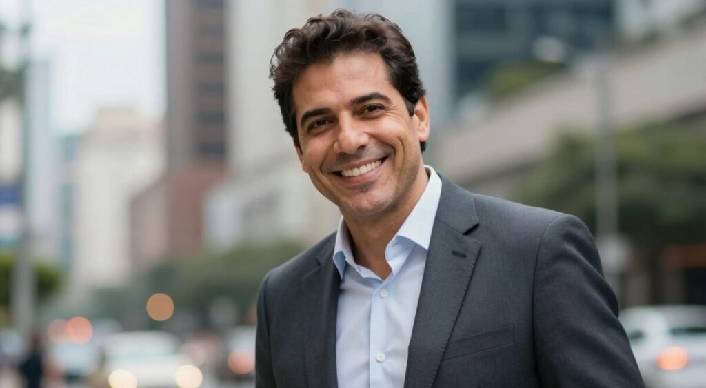 A professional portrait of Pedro Andrade, a charismatic figure in his early 40s, dressed in a stylish, well-fitted business suit, exuding confidence and approachability. His hair is short and neatly styled, complementing a warm smile that engages the viewer. The background features a blurred urban landscape, hinting at a vibrant city life, with soft bokeh lights creating a dynamic atmosphere. Use soft, natural lighting to highlight Pedro's facial features, creating a friendly yet professional look. Angle the shot slightly from below, emphasizing his stature and presence, while maintaining a focus on his expression. The overall mood should be inviting and optimistic, reflecting his personality and connection with others.