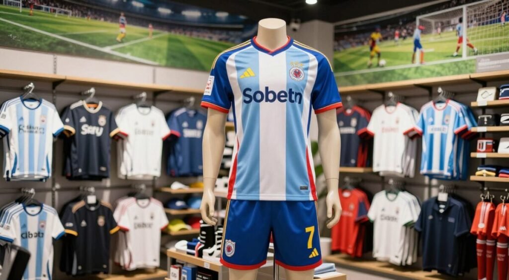 A professional soccer uniform, featuring bold designs and prominent branding, hanging on a mannequin in a well-lit sports shop. The foreground highlights the shirt, shorts, and matching socks, adorned with logos of various potential sponsors, each distinct in color and style. In the middle ground, shelves filled with team merchandise and accessories create a dynamic atmosphere, while the background showcases a vibrant soccer field mural, emphasizing the sport's excitement. Soft, natural lighting enhances the details of the uniform fabric, while a shallow depth of field draws attention to the apparel. The overall mood is professional and optimistic, reflecting the anticipation of new partnerships in the world of sports sponsorship.