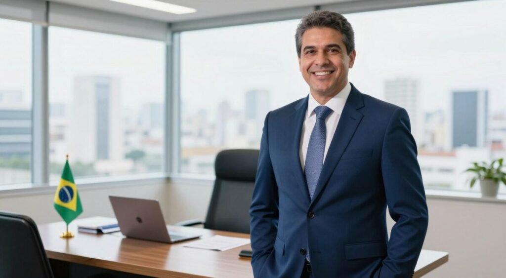 A professionally dressed Brazilian politician, Nikolas Ferreira, stands confidently in a modern office environment. His attire is a navy blue suit with a crisp white shirt and a subtle patterned tie, conveying authority and professionalism. In the foreground, he has an engaging expression, showcasing determination and charisma. The middle ground features a sleek wooden desk with a laptop, papers, and a small Brazilian flag, adding context to his political background. In the background, large windows reveal a cityscape, allowing natural light to flood the space, creating a bright and hopeful atmosphere. The image is shot from a slightly low angle to emphasize his stature, with soft focus on the background to keep the attention on him. The overall mood is assertive yet approachable, reflecting his role in Brazilian politics.