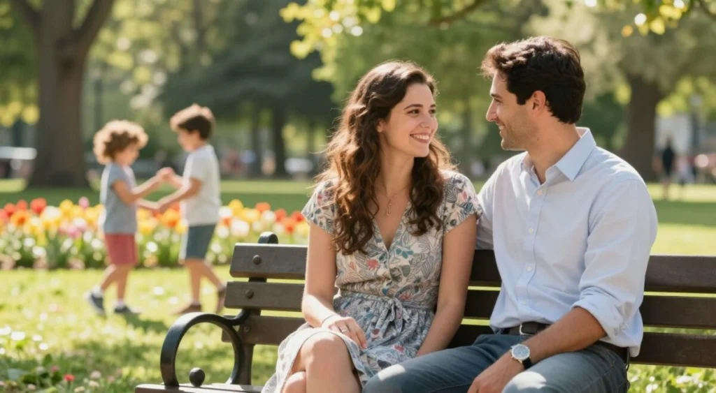 A romantic and candid moment depicting Sandy and Pedro Andrade during their early relationship. In the foreground, the couple is sitting closely on a park bench, smiling and sharing a lighthearted moment. Sandy wears a stylish yet modest summer dress, while Pedro is dressed in casual, professional attire. The middle ground includes a vibrant green park filled with blooming flowers and a couple of playful children in the background, adding a sense of joy and nostalgia. The background features soft, sunlit trees with dappled light filtering through the leaves, creating a warm and inviting atmosphere. The scene conveys a feeling of love and connection, captured with a soft focus lens for a dreamy effect, emphasizing the warmth of their bond.
