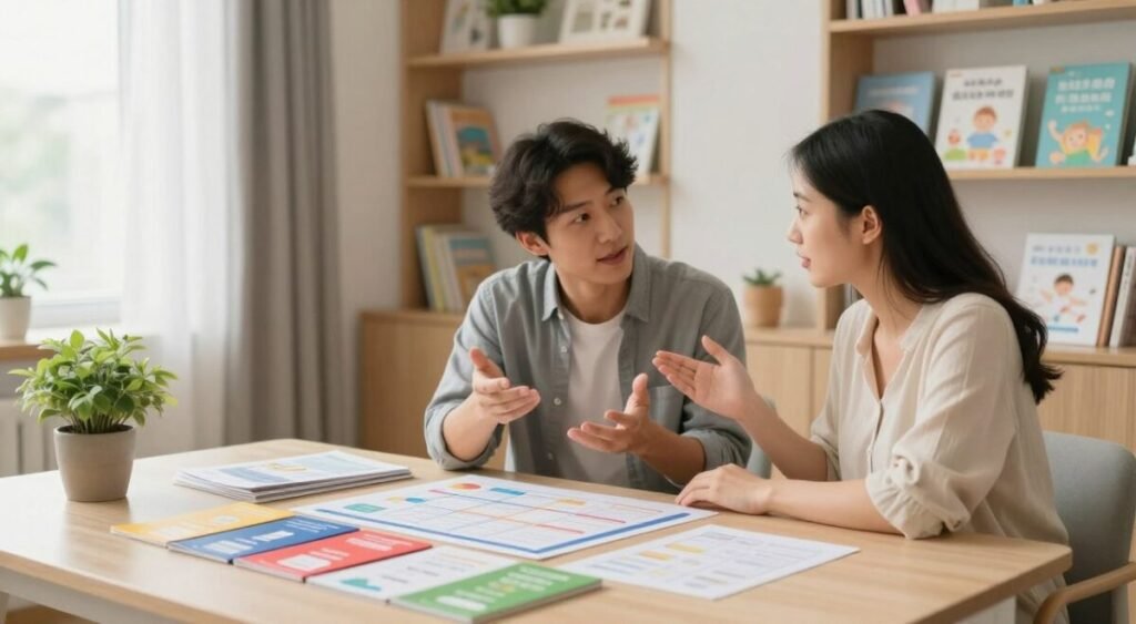 A serene and inviting consultation room focused on pregnancy planning. In the foreground, a table is beautifully arranged with colorful pamphlets and planning charts, alongside a potted plant. In the middle, a diverse couple, dressed in smart casual attire, attentively discusses their future family, with expressions of hope and excitement. In the background, soft natural light filters through a window draped with light curtains, illuminating shelves filled with baby books and health resources. The atmosphere is warm and organized, evoking a sense of preparation and care. Use a soft focus lens to add a gentle touch to the scene, enhancing the feelings of anticipation and warmth. The composition should be balanced and harmonizing, emphasizing the theme of thoughtful planning for parenthood.