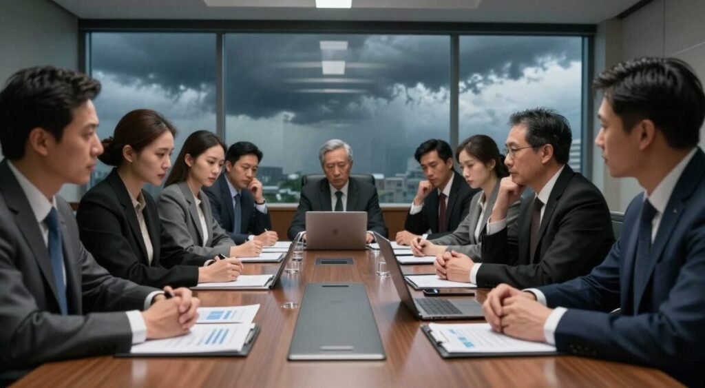 A solemn scene depicting a boardroom filled with business executives engaged in a tense discussion, showcasing potential external influence over central banking decisions. In the foreground, a diverse group of professionals in sharp business attire, illustrating a mix of concern and determination on their faces. The middle ground features a large, polished conference table scattered with financial reports and digital devices, indicating the gravity of the situation. In the background, a wall of windows reveals a stormy sky, symbolizing external pressure, while shadows cast by overhead lights create a dramatic atmosphere. The composition should have a slightly low angle to amplify the sense of urgency, with cool tones to emphasize the serious mood of the deliberations.