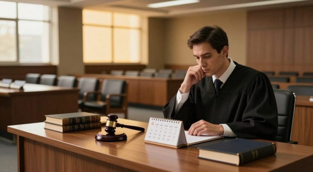 A sophisticated and modern courtroom interior, focusing on a large wooden desk representing authority, with gavel and legal books neatly arranged. In the foreground, an elegantly dressed judge in professional business attire appears pensive, gazing at a calendar with marked dates symbolizing judicial deliberations and changes in agenda. The middle ground showcases an expansive courtroom filled with empty benches, indicating a pause in proceedings. The background features tall windows letting in warm, golden light that symbolizes hope and change. A subtle sense of anticipation fills the atmosphere, reflecting the significant implications of judicial adjustments. The overall mood is contemplative yet inspiring, with a balanced composition that directs attention to the theme of legal reevaluation and its importance to the judiciary.