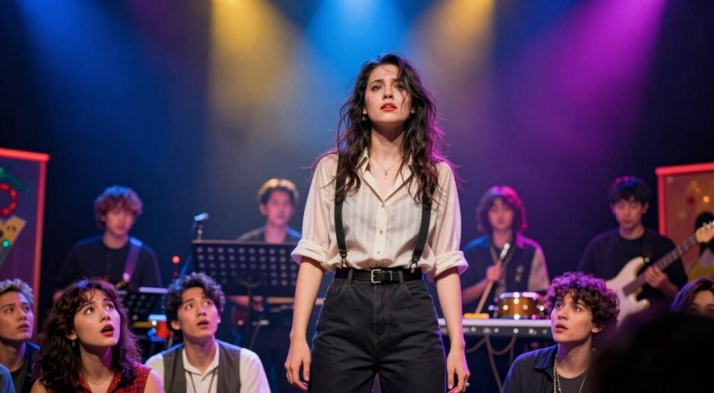 A stage scene capturing a visibly tipsy female performer, portraying Pocah, dressed in a stylish yet modest outfit, with her hair slightly disheveled, symbolizing her inebriated state. She stands at the center of a brightly lit stage, surrounded by colorful spotlights casting dynamic shadows. In the foreground, a concerned audience is visible, with expressions of surprise and uncertainty on their faces. The midground features musical instruments and band members looking on, adding to the atmosphere of the show. The background shows vibrant stage decorations, enhancing the lively yet tense mood of the moment. The lighting is vivid, highlighting the contrast between the jubilant energy of the performance and the performer’s unsteady demeanor. The angle is a slight upward tilt, emphasizing the performer’s prominence on stage. A stage scene capturing a visibly tipsy female performer, portraying Pocah, dressed in a stylish yet modest outfit, with her hair slightly disheveled, symbolizing her inebriated state. She stands at the center of a brightly lit stage, surrounded by colorful spotlights casting dynamic shadows. In the foreground, a concerned audience is visible, with expressions of surprise and uncertainty on their faces. The midground features musical instruments and band members looking on, adding to the atmosphere of the show. The background shows vibrant stage decorations, enhancing the lively yet tense mood of the moment. The lighting is vivid, highlighting the contrast between the jubilant energy of the performance and the performer’s unsteady demeanor. The angle is a slight upward tilt, emphasizing the performer’s prominence on stage.