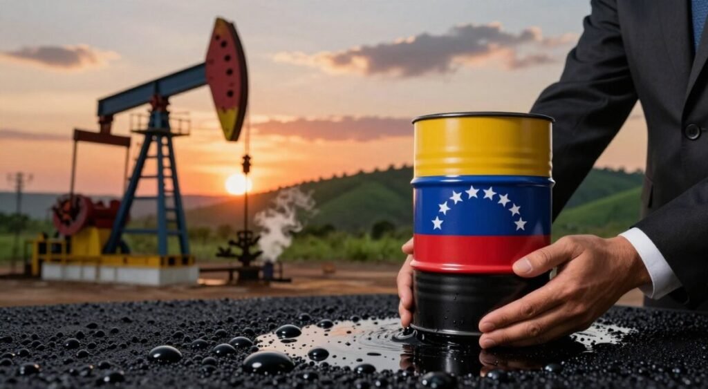 A striking visual representation of Venezuelan oil, featuring a close-up of glistening black crude oil droplets on a rich, dark surface. In the foreground, a pair of hands in a professional business attire gently holding an oil barrel, symbolizing the economic interests tied to this natural resource. The middle ground showcases oil fields under a dramatic sunset, with silhouettes of oil rigs against a colorful sky, emitting steam. The background is filled with lush green hills indicative of Venezuela's landscape, hinting at the contrast between nature and industry. Soft, warm lighting casts an emotive glow, creating a sense of both urgency and complexity in the geopolitical narrative surrounding Venezuela's oil reserves.
