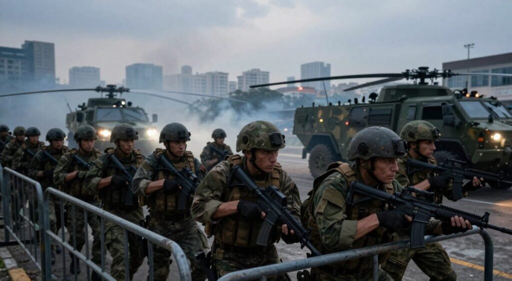 A tense and dramatic military operation scene set in a Venezuelan urban environment. In the foreground, a group of well-equipped soldiers in professional military uniforms, focused and alert, take cover behind a barricade, their expressions reflecting determination and urgency. The middle ground features military vehicles, such as armored trucks and helicopters, with a backdrop of a city skyline, shrouded with smoke and tension. The sky is overcast, contributing to a somber atmosphere. The lighting is low, hinting at dusk, with strategic spotlights illuminating the soldiers to highlight their action. The overall mood conveys a sense of heightened alertness and urgency, encapsulating the gravity of the military context. The angle is slightly low to emphasize the soldiers’ readiness and the looming threat of the operation.