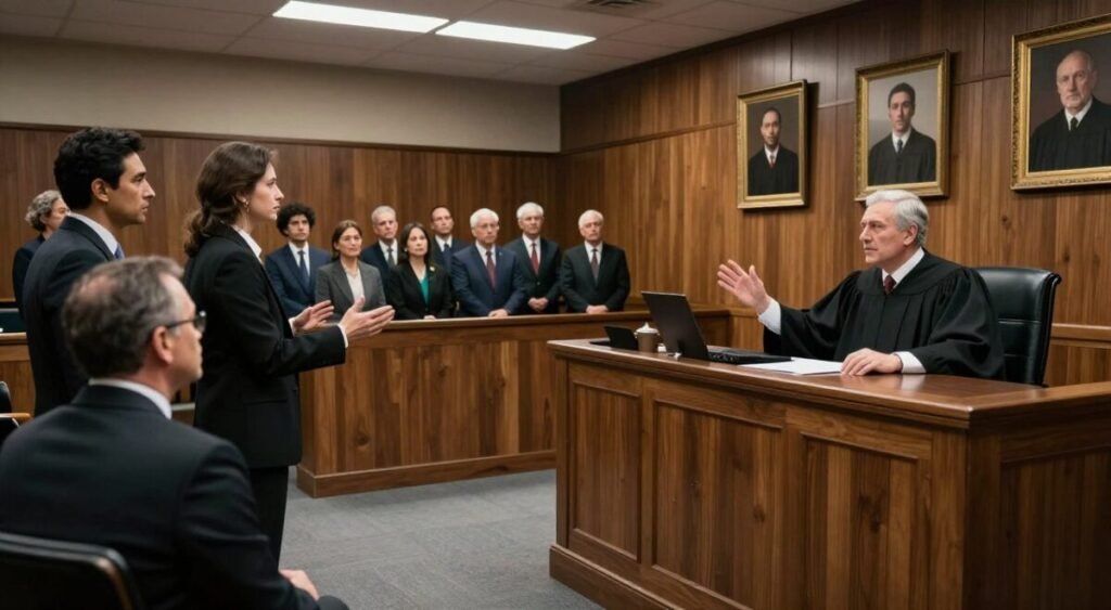A tense courtroom scene showcasing a recent imprisonment case. In the foreground, an imposing judge sits at the bench, wearing traditional robes, with a serious expression. Lawyers in professional business attire are engaged in a heated debate, gesturing passionately. In the middle ground, a group of onlookers, dressed in formal wear, shows a mix of concern and curiosity while observing the proceedings. The background features the courtroom's wooden walls and framed portraits of previous judges, enhancing the authoritative atmosphere. Harsh fluorescent lighting casts dramatic shadows, while a wide-angle perspective captures the scale of the room. The overall mood is one of tension and gravity, embodying the gravity of recent legal issues.