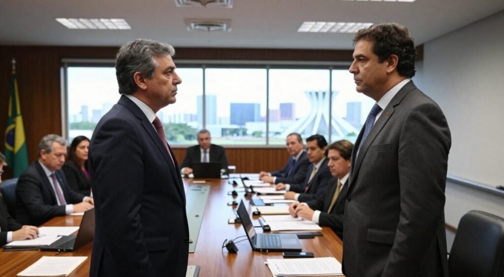 A tense, dynamic meeting room depicting a conflict between representatives of the TCU (Tribunal de Contas da União) and Banco Central. In the foreground, two professional figures, one in a dark suit and the other in a lighter suit, stand face to face with serious expressions, emphasizing their disagreement. The middle ground features a large conference table cluttered with documents and laptops, symbolizing the complexity of their discussions. In the background, a large window reveals a skyline of Brasília, hinting at the institutional setting. Soft, natural lighting casts shadows that enhance the mood of tension and seriousness, while a low angle perspective makes the figures appear more prominent. The atmosphere is charged, reflecting the intricacies and stakes of the debate over autonomy and authority. A tense, dynamic meeting room depicting a conflict between representatives of the TCU (Tribunal de Contas da União) and Banco Central. In the foreground, two professional figures, one in a dark suit and the other in a lighter suit, stand face to face with serious expressions, emphasizing their disagreement. The middle ground features a large conference table cluttered with documents and laptops, symbolizing the complexity of their discussions. In the background, a large window reveals a skyline of Brasília, hinting at the institutional setting. Soft, natural lighting casts shadows that enhance the mood of tension and seriousness, while a low angle perspective makes the figures appear more prominent. The atmosphere is charged, reflecting the intricacies and stakes of the debate over autonomy and authority.