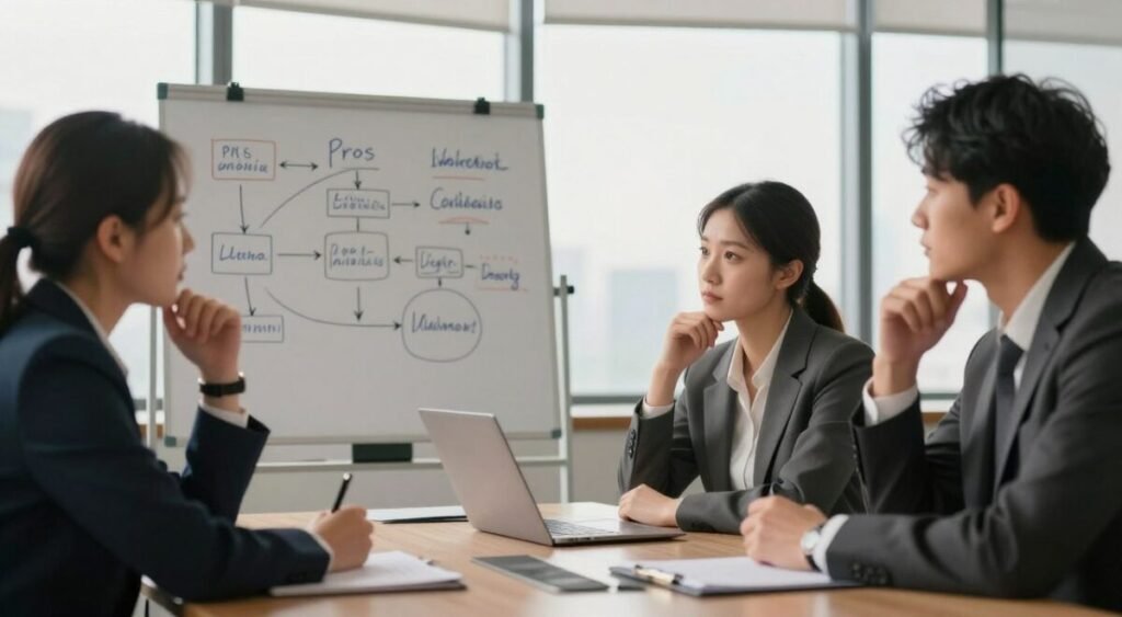 A thoughtful corporate meeting scene in a modern office. In the foreground, a diverse group of three professionals, two men and one woman, dressed in sharp business suits, are engaged in a serious discussion around a large conference table. The middle ground features a whiteboard with flowcharts and notes illustrating the pros and cons of collaboration and legal immunity. In the background, large windows let in soft daylight, creating an open and bright atmosphere. The focus is on the expressions of contemplation and determination on their faces. The lighting is warm and inviting, enhancing the mood of strategy and collaboration. Capture the essence of trust and the weight of decision-making in this poignant moment of teamwork.