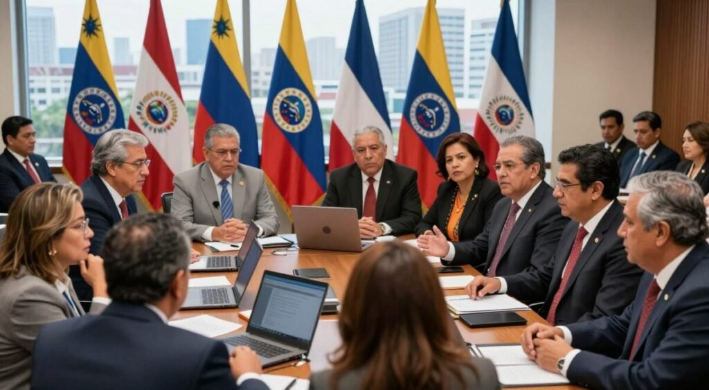 A vibrant and detailed scene depicting a gathering of Latin American leaders in a formal setting, such as a conference room or summit hall. In the foreground, a diverse group of officials dressed in professional business attire—men and women of various ethnic backgrounds—are engaged in serious discussions, some showing gestures of agreement or concern. The middle ground features a large table covered with flags representing different Latin American countries, with documents and laptops scattered about, symbolizing cooperation and urgency. In the background, a large window reveals a view of a city skyline, hinting at a modern urban environment while warm, natural lighting floods the room, creating a focused atmosphere. The mood is tense yet collaborative, reflecting the significance of regional reactions to global events. A vibrant and detailed scene depicting a gathering of Latin American leaders in a formal setting, such as a conference room or summit hall. In the foreground, a diverse group of officials dressed in professional business attire—men and women of various ethnic backgrounds—are engaged in serious discussions, some showing gestures of agreement or concern. The middle ground features a large table covered with flags representing different Latin American countries, with documents and laptops scattered about, symbolizing cooperation and urgency. In the background, a large window reveals a view of a city skyline, hinting at a modern urban environment while warm, natural lighting floods the room, creating a focused atmosphere. The mood is tense yet collaborative, reflecting the significance of regional reactions to global events.