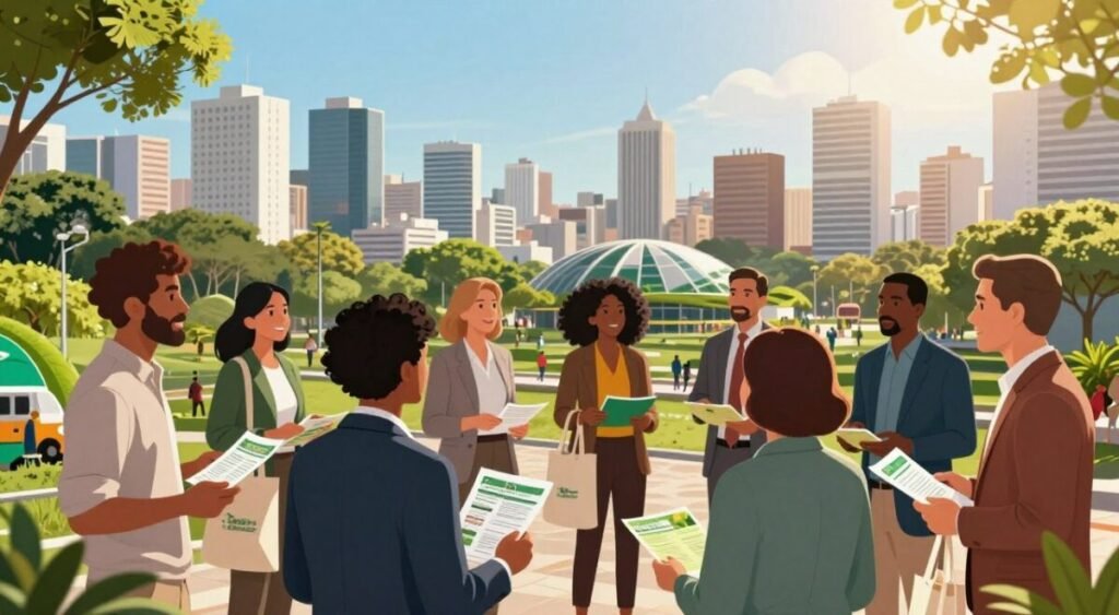 A vibrant and dynamic illustration of a "socio-environmental agenda" in a modern urban setting, focusing on São Paulo. In the foreground, a diverse group of individuals, including men and women in professional business attire, are engaged in a spirited discussion, holding eco-friendly materials like reusable bags and pamphlets featuring green initiatives. The middle ground features city landmarks and greenery, symbolizing the integration of nature within the urban landscape, such as parks and green rooftops. The background highlights São Paulo's skyline under bright, optimistic sunlight, creating an energetic atmosphere. Capture this scene with a wide-angle lens to show the bustling activity, with a slight tilt to add dynamism, giving a hopeful mood that reflects the urgency and importance of socio-environmental strategies in an election context.