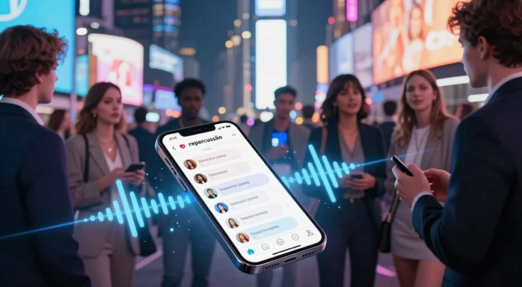 A vibrant and dynamic scene representing the concept of "repercussão" in social media and celebrity culture. In the foreground, an abstract representation of a smartphone displaying a flurry of social media notifications, likes, and shares, surrounded by stylized sound waves emanating from it, symbolizing impact. In the middle ground, silhouettes of people with diverse expressions, clad in fashionable yet professional attire, engaging in discussions, capturing the essence of social interaction. In the background, a blurred cityscape with glowing screens and billboards, reflecting the buzz of celebrity news. The lighting should be bright and lively with a slight glow, creating an energetic atmosphere, while the camera angle is slightly tilted to enhance the feeling of movement and excitement.
