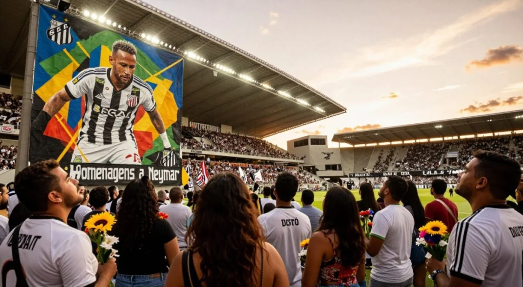 A vibrant and emotional tribute scene showcasing "Homenagens a Neymar" at Vila Belmiro, featuring a large mural of Neymar depicted in action, surrounded by colorful banners and flags representing the Santos FC colors — white and black. In the foreground, a diverse group of fans, dressed in Santos jerseys and holding flowers, looks up at the mural with expressions of admiration and nostalgia. The middle ground captures the iconic stadium filled with excited spectators, illuminated by warm, golden lighting that creates a heartfelt atmosphere. In the background, a sunset enhances the scene, casting a beautiful glow on the stadium. Captured with a wide-angle lens to emphasize the scale and sentiment of the event.